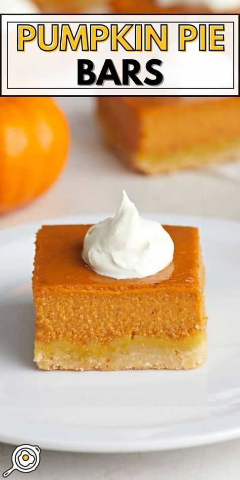 These easy Pumpkin Pie Bars are rich, creamy, and made with a buttery shortbread crust. The perfect stress-free dessert to make this holiday season! Pumpkin Pie Bars Easy, Dessert For Fall, Pumpkin Pie Bars Recipe, Whipped Pumpkin, Dessert To Make, Pie Bar Recipes, Pumpkin Pie Bars, Traditional Pumpkin, Easy Pumpkin Pie