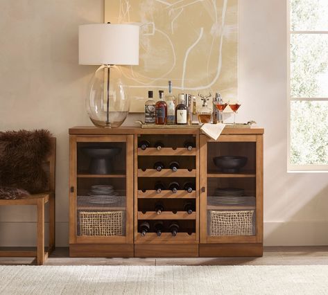 Reed Modular Bar Cabinet with Wine Storage (54") | Pottery Barn Hutch Bar Ideas, Wine Bar Ideas Home, Small Liquor Cabinet, Living Room Bar Cabinet, Liquor Cabinet Bar, Bar Buffet Cabinet, Mini Bar At Home, Wooden Bar Cabinet, Marble Bar Top