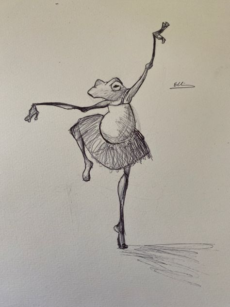 Frog In Tutu Drawing, Frog Ballerina Drawing, Dancer Drawing Sketches, Dancing Animals Drawing, Frog With Crown Drawing, Dancing Frog Drawing, Soccer Art Drawing, Frog Sketches, Drawing Frogs