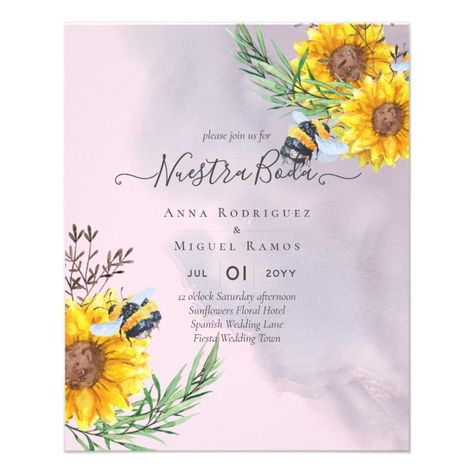 BUDGET Spanish BODA Sunflowers Bees Invitations Flyer - tap/click to personalize and buy #Flyer #leahg, #nuestra #boda, #budget, #spanish Bees Wedding, Bee Invitations, Low Budget Wedding, Congratulations On Your Engagement, Fiesta Wedding, Sunflower Wedding Invitations, Invitation Flyer, Spanish Wedding, Baby Greeting Cards