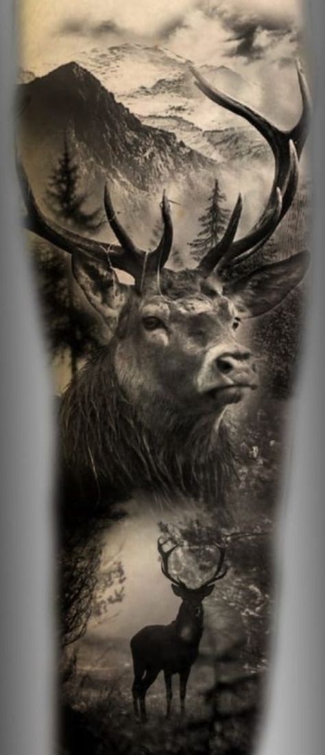 Stag Deer Tattoo, Hunting Theme Tattoo, Stag Tattoo Design Men, Deer Tattoo Men Arm, Buck Tattoo Men, Stag Tattoo Men, Elk Tattoo Men, Wild Life Tattoos, Elk Tattoos