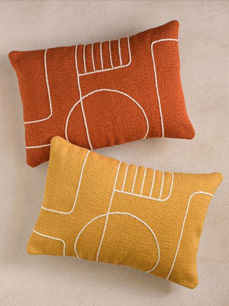 Mustard Pillow, Checked Cushions, Abstract Embroidery, Geometric Cushions, Decorative Lumbar Pillows, Textile Wall Art, Geometric Throw Pillows, Yarn Wall Hanging, Embroidery Cotton