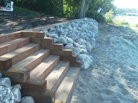 Man Made Beach, Riprap Landscape Design, Homemade Beach In Backyard, Lakeshore Landscaping Ideas, Rip Rap Retaining Wall, Seawall Landscaping, Rip Rap Landscaping, Lake Beach Landscaping, Lake Retaining Wall