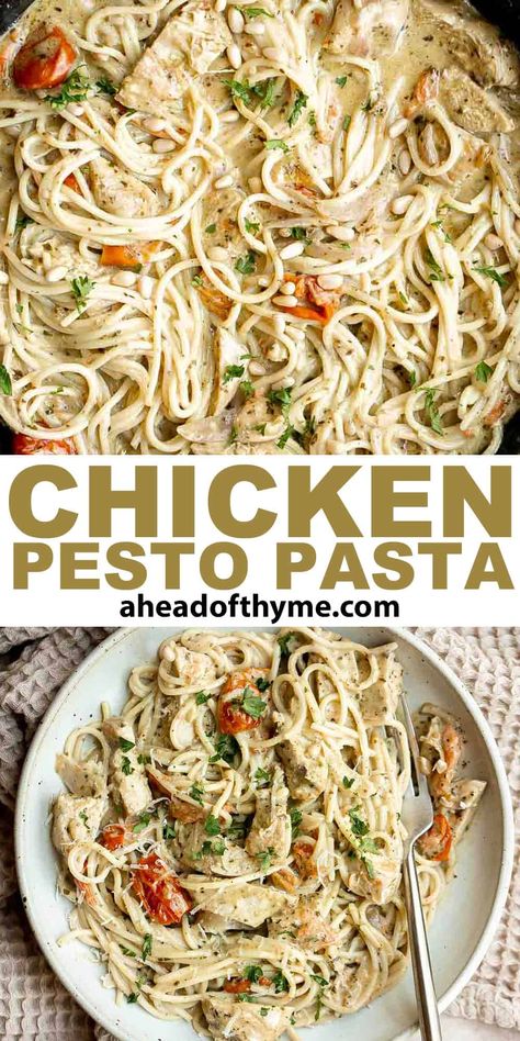 Creamy Chicken Pesto Pasta Garlic Chicken Pesto Pasta, Chicken Pesto Linguine Recipe, Alfredo And Pesto Pasta, Chicken Pesto Pasta Recipes, Alfredo Pesto Pasta, Pesto Alfredo Pasta, Chicken Pesto Spaghetti, Pesto Alfredo Sauce, Pizza Meals