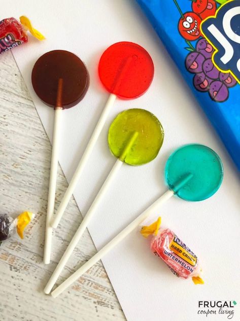 Homemade Jolly Rancher Suckers. This lollipop recipe is easy to make! #FrugalCouponLiving #jollyranchers #candy #candyrecipes #jollyranchersuckers #jollyrancherslollipops #lollipoprecipes #recipes #suckerrecipes Diy Jolly Rancher, Jolly Rancher Suckers, Jolly Rancher Lollipops, Lollipops Diy, Sweet Stand, Lollipop Craft, Homemade Lollipops, Jolly Rancher Hard Candy, Jolly Ranchers Candy