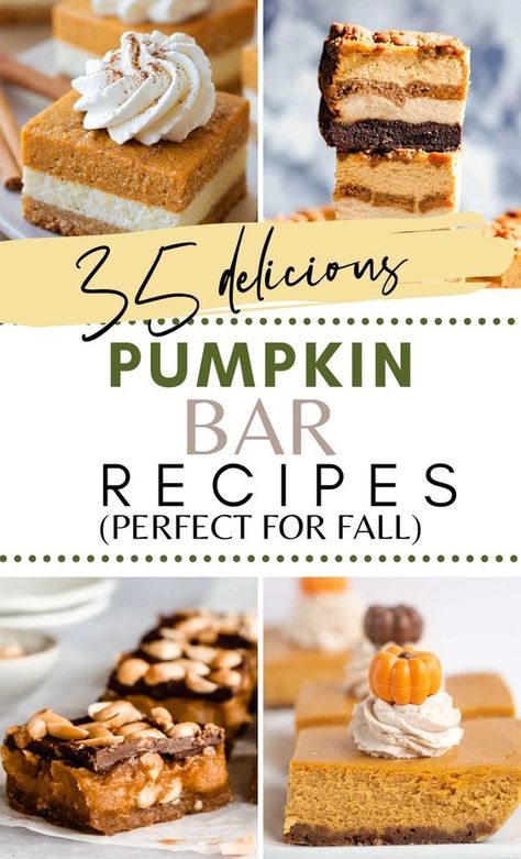 35 of the BEST Pumpkin Bars! Move over pumpkin spice latte and pumpkin pie, this fall season, easy pumpkin bars are striving to be the favorite pumpkin recipe! From cream cheese swirled bars to snickers pumpkin bars and protein bars and everything in between. These bars make great brunch items, snacks or desserts! Pumpkin Cream Cheese Bars Pioneer Woman, Cookeskitchen1 Pumpkin Bars, Pumpkin Bar Desserts, Pumpkin Decadent Bars, Pumpkin Cookie Bars Recipe, 9x13 Pumpkin Bars, Pumpkin Chess Bars, Pumpkin Bar Recipes, Pumpkin Cookie Bars