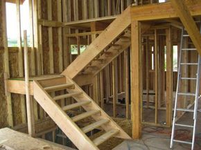 How to Build Stairs from the BobVila.com website. Formula to determine the rise and run of each step. Adding Stairs To House, Converted Breezeway, Stairs With Landing In Middle, Building Stairs Interior, Adding Stairs To Attic, Log Stairs, Build Stairs, Loft Plans, Garage Stairs