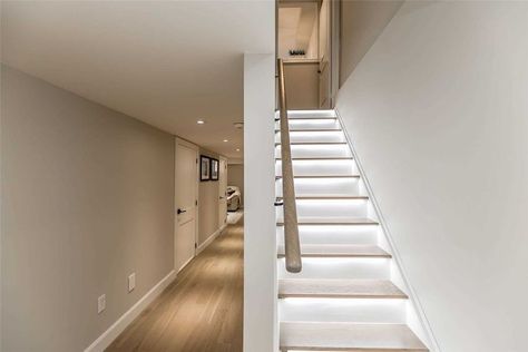 Love the led lights under the stairs - could be motion censored Basement Reno, Under The Stairs, Stair Lighting, Under Stairs, Basement, Reno, Stairs, Led Lights, Motion