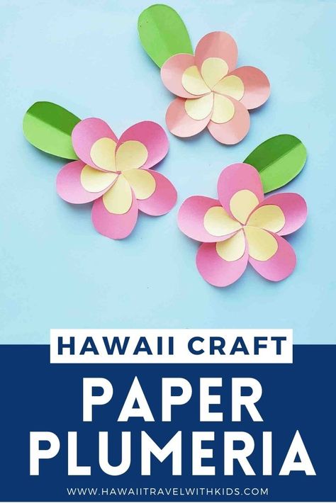 Image of 3 paper plumeria flowers with pink petals. Diy Tropical Paper Flowers Easy, Hawaiian Crafts For Adults, Diy Hawaiian Flowers, Hawaiian Paper Flowers, Hawaii Crafts For Kids, Hawaiian Crafts For Kids, Hawaiian Kids Crafts, Luau Crafts, Hawaii Crafts