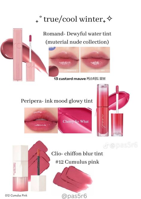 Bright Winter Makeup, Best Lip Color, Peripera Ink Mood Glowy Tint, True Winter Makeup, Winter Skin Tone, True Winter Color Palette, Makeup Basics, Skin Tone Makeup, Soft Summer Colors