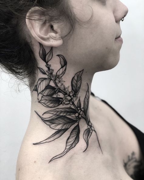 Coffee Plant Neck Tattoo Flower Neck Tattoo, How To Tattoo, Cute Elephant Tattoo, Best Neck Tattoos, Tattoo Chest, Throat Tattoo, Web Tattoo, Neck Tattoos Women, Coffee Tattoos