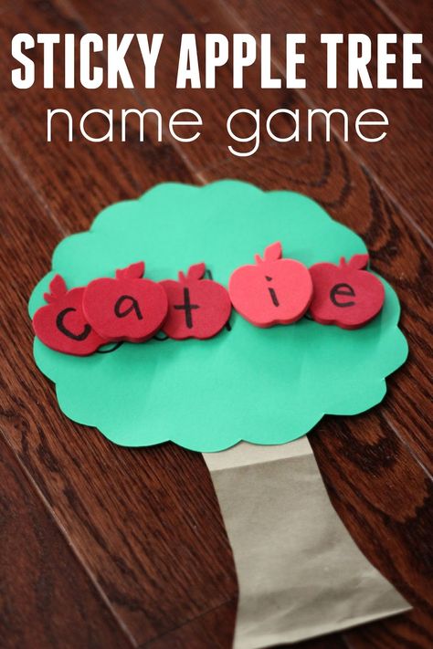 Toddler Approved!: Sticky Apple Tree Name Game for Kids Name Crafts For Kids, Fun Spelling Games, Name Games For Kids, Easy Learning Activities, Apple Week, Tree Name, Preschool Room, Literacy Activities Kindergarten, Jenny Wren