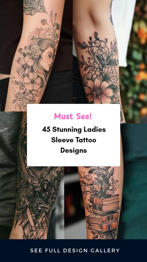 An inspiring image showcasing 45 stunning ladies sleeve tattoo designs. This pin features various tattoo styles including floral and mythical elements. It highlights creative ways women express themselves through beautiful sleeve tattoos. Lower Arm Flower Tattoo, Lilly Tattoo Sleeve, Ladies Arm Tattoo Ideas, Sleeve Tattoos Flowers, Feminine Tattoos Sleeve Lace, Ladies Sleeve Tattoo, Tattoo Sleeves Women, Spiritual Sleeve Tattoos For Women, Ladies Sleeve Tattoo Ideas