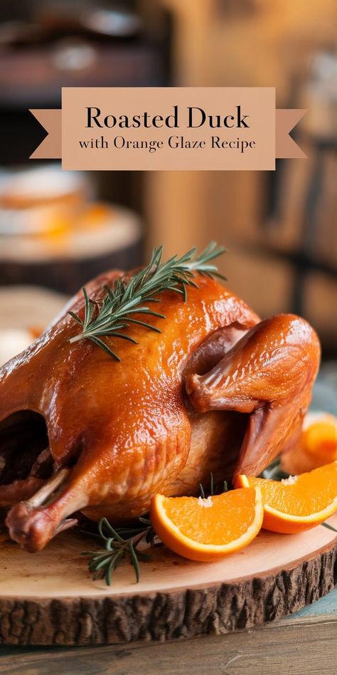 Impress your guests with this Roasted Duck with Orange Glaze. A beautifully roasted duck with a sweet, citrusy glaze makes for a memorable and elegant meal. Best Roasted Duck Recipe, Orange Glazed Duck Recipes, Duck Hors D’oeuvres, Duck Meals Dinners, Duck A L'orange, Roasted Duck Whole Recipe, Oven Roasted Duck Recipe, Roast Duck Recipes Christmas, Chinese Duck Recipes