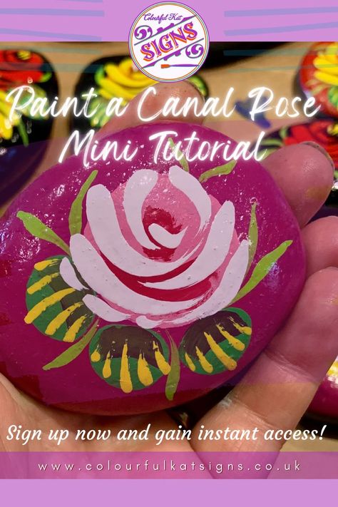 Traditional hand-painted white canal rose with leaves on a purple painted pebble Watermelon Diy Crafts, Canal Boat Art, Rose Step By Step, Boat Signs, Folk Art Flowers, Heritage Crafts, Painting Demo, Boat Art, Boat Painting