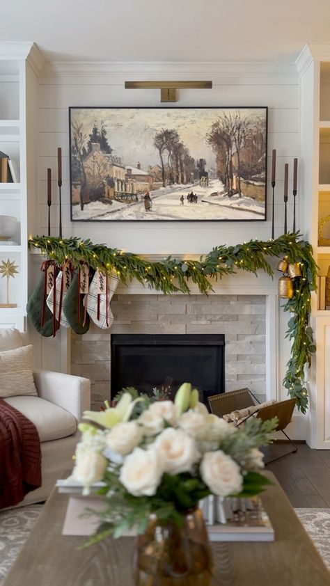 Fireplace Cabinet Decor, Christmas Mantle Tv Above, Above Stove Christmas Decor, Fireplace With Tv Above Christmas Decor, Christmas Mantel With Tv Above, Garland Under Tv, Mantle Styling With Tv, Fireplace With Tv Above Decor, Christmas Mantle With Tv