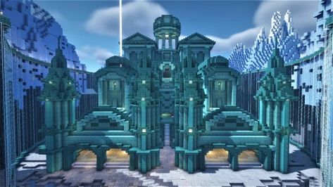 Minecraft Sea Temple Ideas, Minecraft Void Builds, Ocean Temple Minecraft, Minecraft Sea Temple Base, Underwater Castle Minecraft, Minecraft Ocean Monument Ideas, Minecraft Aquatic Build, Minecraft Water Castle, Minecraft Ocean Castle