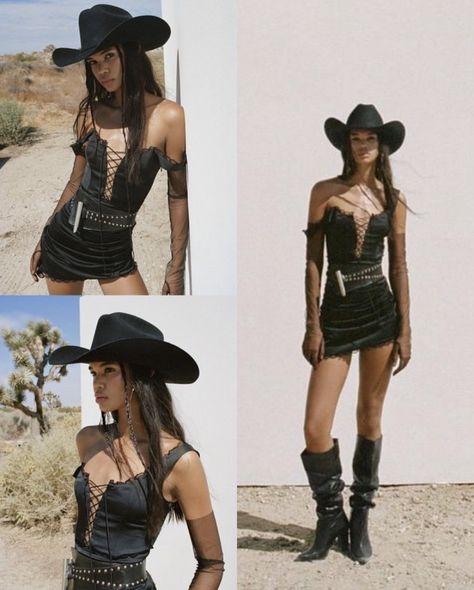 Cowboy Fringe Outfit, Noah Cyrus Concert Outfit Ideas, Rodeo Festival Outfit, Dark Cowgirl Costume, Goth Cowgirl Costume, Disco Pool Party Outfit, Cowboy Coachella Outfit, Hacienda Fashion, Western Coachella Outfit