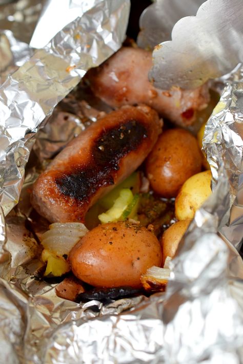 Brat & Veggie Foil Packet Meals - Who Needs A Cape? Foil Pack Dinners, Best Camping Meals, Foil Pack Meals, Cabbage And Sausage, Foil Packet Meals, Foil Packet, Grill Oven, Easy Camping Meals, Summer Corn Salad