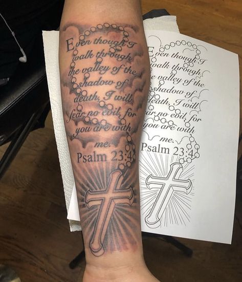 Forearm Verse Tattoo, Tattoo Ideas For Men Biblical, Bible Verse Sleeve Tattoo Women, Psalms Tattoos Men, Tattoo Designs Men Bible Verse, Leg Tattoos Bible Verse, Forearm Tattoo Men Meaningful, Bible Verse Half Sleeve Tattoo, Scripture Tattoos Black Women Forearm