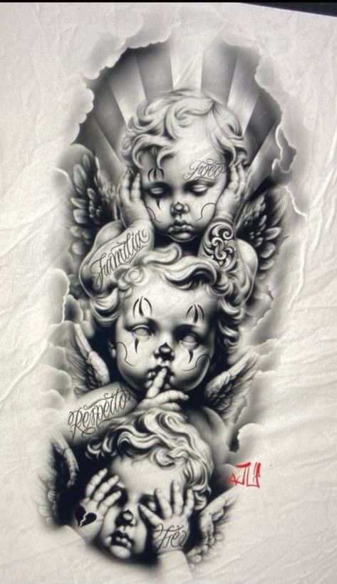 Gangster Angel Tattoo, Gansta Tattoo, Praying Angel Tattoo, Chicano Tattoos Gangsters, Tattoo Gangster, Gangster Tattoo, Chicano Tattoos Sleeve, Cherub Tattoo, Realistic Tattoo Sleeve