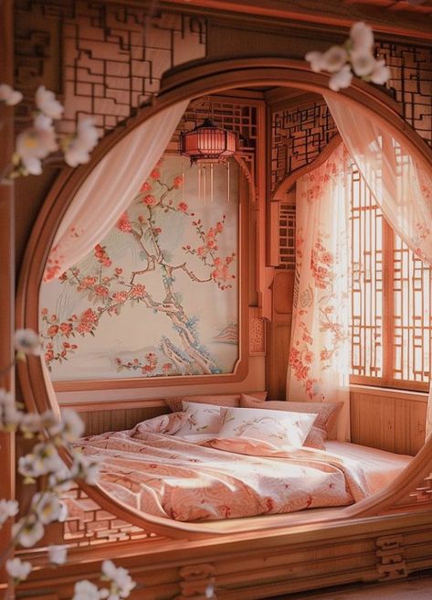 Chinese Royal Bedroom, Traditional Korean Bedroom, Chinese Style Room, Chinese Bedroom Aesthetic, Chinese Room Aesthetic, Chinese Home Interior, Asian Inspired House, Chinese Bedroom Ideas, Chinese Bedroom Design