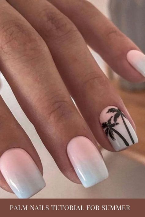 Nails Acrylic Korean, Short Nail Designs Valentines, Korean Nails Short, Nail Art Tropical, Nails Palm, Nails Tropical, Tropical Nail Designs, Hawaii Nails, Palm Nails