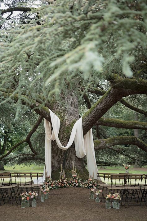 Chateau de Siradan Wedding Award Weddings Tree Ceremony Drapes Flowers Aisle #wedding #ceremony #aisle Small Wedding Aisle Ideas, Wedding Tree Drapery, Aisle Rug Wedding, Tree House Wedding Ideas, Intimate Wedding Aisle, Tree Altar Wedding, Thrifted Rug Wedding Aisle, Ceremony In Front Of Tree, Wedding Alters Outside