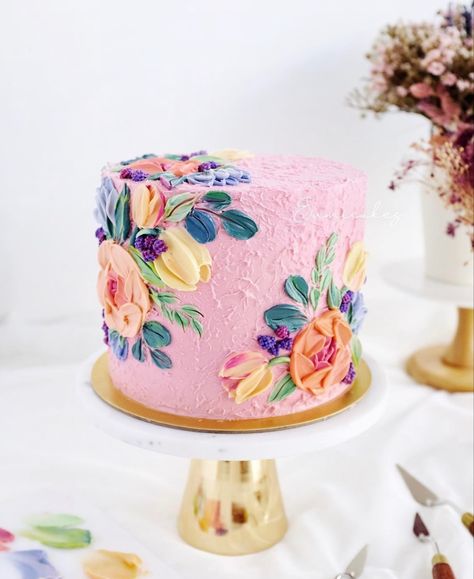 9 Birthday Cake, Birthday Cake Designs, Floral Cake Design, 9th Birthday Cake, Cake With Flowers, Decor Flowers, Painted Cakes, Pretty Birthday Cakes, Cake Designs Birthday