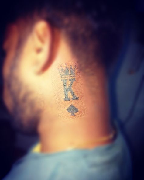 This tattoo made by rushikesh gudadhe, neck tattoo, king tattoo, K letter tattoo, cards king tattoo. Tattoo K Letter, King Neck Tattoo, K Letter Tattoo, Crown Neck Tattoo, Tattoo Cards, Tattoo King, King Tattoo, K Letter, Side Neck Tattoo