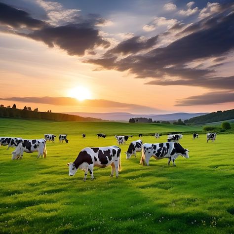 Photo herd of cows grazing on green fiel... | Premium Photo #Freepik #photo