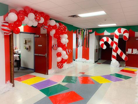 Peppermint forest CandyLand Candyland Peppermint Forest Decorations, Snowflake Lake Candyland Decorations, Peppermint Forest Candyland, Candyland School Decorations, Candyland Office Theme, Peppermint Lane Decorations, Peppermint Hallway Decorations, Candyland Peppermint Forest, Peppermint Forest Decorations School