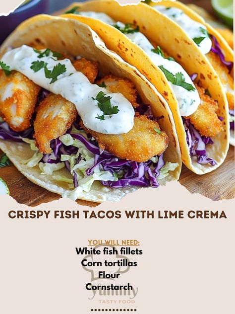 🌮✨ These Crispy Fish Tacos with Lime Crema are a burst of flavor in every bite! Try them for your next taco night! 🌶️🌮 #FishTacos #TacoLove Crispy Fish Tacos with Lime Crema Ingredients: White fish fillets (500g) Corn tortillas (8) Flour (1/2 cup) Cornstarch (1/4 cup) Baking powder (1 tsp) Beer (1 cup) Oil for frying Cabbage, shredded (2 cups) Cilantro, chopped (2 tbsp) Lime Crema: Sour cream (1/2 cup) Lime juice (2 tbsp) Lime zest (1 tsp) Salt (1/4 tsp) Instructions: Mix flour, cornstar... Frying Cabbage, Cilantro Lime Fish, Fish Tacos With Lime Crema, Crispy Fish Tacos, Taco Love, Lime Crema, Crispy Fish, Fish Fillets, Fried Cabbage