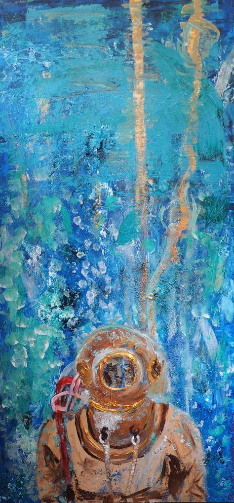 Under The Sea Oil Painting, Under The Sea Oil Pastel, Marine Life Art Paintings, Diver Paintings, How To Paint Underwater, Under The Sea Artwork, Deep Sea Painting, Sea Creature Painting, Diving Painting