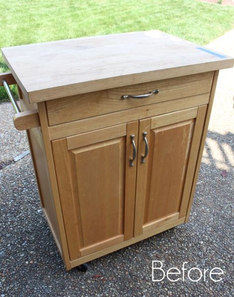 Kitchen-Cart-Before2 Microwave Cart Makeover, Kitchen Cabinets On Wheels, Kitchen Cart Makeover, Small Kitchen Cart, Diy Kitchen Cart, Kitchen Utility Cart, Wood Cart, Microwave Cart, Rolling Kitchen Cart