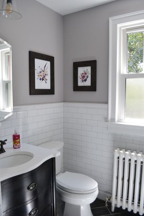 1930s Bathroom Remodel – Reveal – Life Is Sweet As A Peach 1930s Bathroom Remodel, Grey Grout Bathroom, 1930 Bathroom, Tile Bathroom Design, 1930s Bathroom, Subway Tiles Bathroom, Bathroom Design Ideas, White Subway Tile, Basement Bathroom