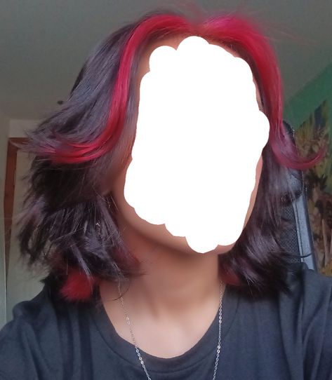 Short Hair With Red Ends, Short Brown Hair With Red Tips, Hair Styles For Wolf Cut Short, Swaggy Hairstyles, Brown Hair With Red Bangs, Dyed Front Streaks, Red Bangs Brown Hair, One Strand Of Hair Dyed, Wolf Cut With Red Highlights