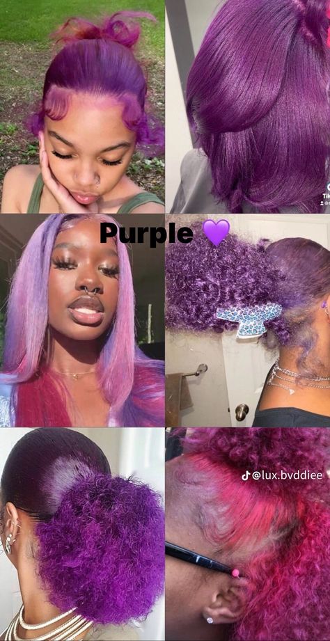 Different Hair Colors On Black Women, Colors To Dye Your Hair Dark Skin, Pink And Purple Dyed Hair, Dyed Natural Hair Purple, Purple Hair Dye Black Woman, Dark Hair Dye Color Ideas, Purple Invisible Locs, Colors To Dye Your Hair Light Skin, Hair Color Ideas Bright Colors