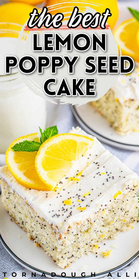 A delicious homemade lemon cake studded with poppy seeds and frosted with a light lemon frosting. This lemon poppy seed cake from Tornadough Alli is the best cake for spring! It is a great homemade cake with a homemade frosting that works so well together. Lemon Poppyseed Sheet Cake, Lemon Poppyseed Cake With Box Cake, Poppyseed Cake Recipe, Cottage Baking, Homemade Lemon Cake, Lemon Poppy Seed Cake, Poppyseed Cake, Dreamy Desserts, Easter Recipe