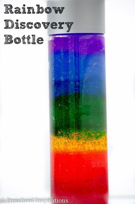 Make your own rainbow discovery bottle by Preschool Inspirations Rainbow Sensory Bottles, Sensory Bottles Preschool, Calming Bottle, Calm Down Bottle, Discovery Bottles, Sensory Bottle, Rainbow Activities, Make A Rainbow, Preschool Colors