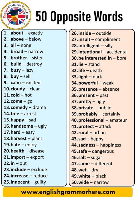 50 Opposite Words, English Opposite, Antonym Words Antonym opposite words contradict each other and meet opposite meanings. A word has synonyms as well as antonyms. When we learn a language, when we learn a word in that language, it will be very useful for us to learn both the opposite and the synonyms of this word. Because learning a word with its synonyms increases our competence in that language as well as our competence in speaking and writing. Learning a word with its opposite meanings ... Vocublary Words In English, Other Words For Because, Opposite Words For Kids, Vocabulary Words With Meaning, English Opposite Words, Words English, Online High School, Learn A Language, Opposite Words