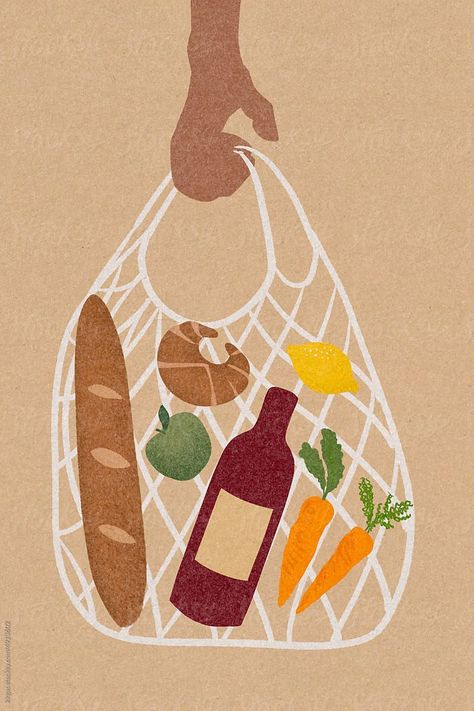 A Hand Carries Groceries In Shopping Bag  by Kkgas Grocery Bag Illustration, Grocery Bag Drawing, Grocery Drawing, Grocery Shopping Illustration, Plastic Bag Illustration, Grocery Store Illustration, Shopping Bag Drawing, Grocery Illustration, Shopping Bag Illustration