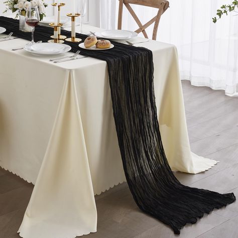 PRICES MAY VARY. 100% Cotton 【Advanced Design】: The combination of mysterious black and flowing table runners can make your banquet bright and special. Black cheesecloth table runner looks absolutely gorgeous as a table centerpiece or Halloween party centerpiece. Besides, wouldn't this make a great Halloween gift? 【Superior Material】: The black table runner made of 100% soft cotton, the fabric is very soft, exquisite sewing and not easy to loose thread. The black table runner has beautiful folds White Table Black Runner, Black Cheesecloth Table Runner Wedding, White Table Cloth With Black Runner, Black And White Decor Party, Black Runner Wedding, Halloween Themed Rehearsal Dinner, Black And White Bday Decor, Black And White Table Scape, Black And White Chic Wedding