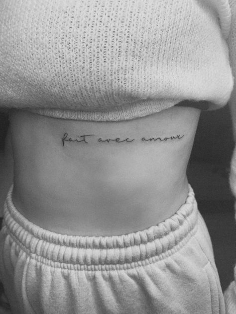 my tattoo meaning ‘made with love’ translated into french Strength In French Tattoo, Small Text Tattoo French, Breathe In French Tattoo, Self Love In French Tattoo, Minimalist French Tattoo, Made With Love Tattoo Lower Back, French Meaningful Tattoos, French Words Tattoo For Women, French Tatoos Small Meaningful