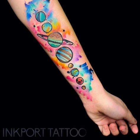 Watercolor Solar System Tattoo, Space Related Tattoos, Solar System Tattoo Sleeve, Solar System Tattoo Design, Planets Tattoo, Planet Tattoo, Astronomy Tattoo, Solar System Tattoo, Astronaut Tattoo