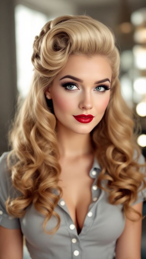 Pinup Long Hair, 1900s Hairstyles For Long Hair, Roaring Twenties Hairstyles, Pinup Hairstyles For Long Hair, Old Glamour Hairstyles, 1960 Hairstyles For Long Hair, Gatsby Hair Long, Vintage Hairstyles For Long Hair 1950s, Great Gatsby Hairstyles For Long Hair