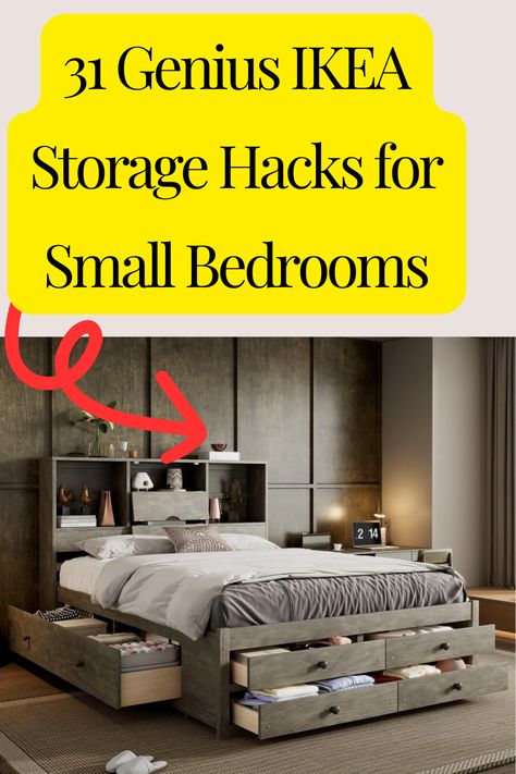 These easy DIY ideas will transform your space into an organized and stylish haven. Say goodbye to clutter and hello to smart storage solutions that won't break the bank. Perfect for maximizing every inch of your room!

#IKEA #StorageHacks #SmallBedroom #DIY #HomeOrganization #InteriorDesign #SpaceSaving #BedroomDecor #IKEA hacks #OrganizationTips #StylishStorage #DIYProjects #HomeImprovement #ClutterFree #BedroomInspo #Upcycle #CreativeStorage #AffordableDecor #FurnitureHacks #SmallSpaceLiving Ikea Hacks Bedroom, Ikea Storage Bed Hack, Hacks For Small Bedrooms, Guest Room Storage, Ikea Bedroom Storage, Ikea Hack Bedroom, Ikea Bed Hack, Storage Hacks Bedroom, Ikea Storage Hacks