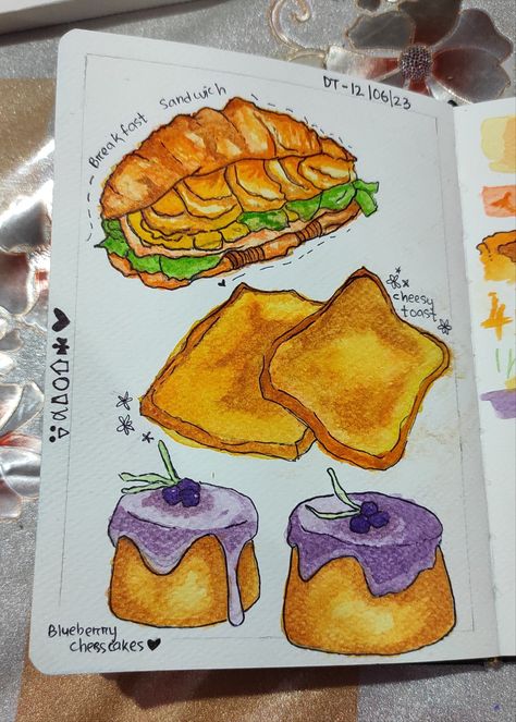 Chesscake toast sandwich breakfast food Watercolour Challenge, Foodie Art, Food Sketch, Watercolor Beginner, Food Illustration Art, Architecture Drawing Art, Bullet Journal Design Ideas, Illustration Food, Bullet Journal Art