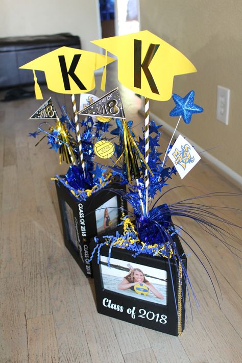 HS Graduation Party Centerpiece - 3 $1store pic frames duct taped together with grad year, HS sport and school logo embellishments Graduation Party Centerpieces For Boys, High School Graduation Centerpieces, Graduation Gift Table, Lsu Party, Football Centerpiece, Year Checklist, Grad Party Centerpieces, Boys Graduation Party, Graduation Table Centerpieces