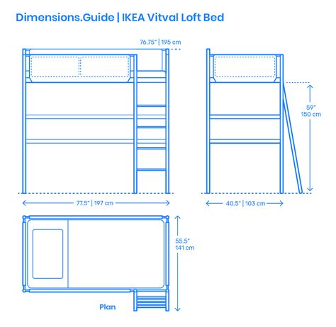 The IKEA Vitval Loft Bed fits into several decor styles and needs that you can dress with different accessories and bedding. It requires anchoring and securing to the wall because of the light construction. The space below the bed provides a cozy spot for many functions. The IKEA Vitval Loft Bed has an overall height of 76.75” (195 cm), width of 40.5” (103 cm), and length of 77.5” (197 cm). There is a clearance of 59” (150 cm) below the top platform. Downloads online #kids #beds #furniture #home Loft Bed Dimensions, Ikea Vitval Loft Bed Ideas, Loft Bed Height, Vitval Bunk Bed Ideas, Vitval Loft Bed Ideas, Vitval Ikea Ideas, Ikea Vitval Loft Bed, Ikea Vitval Bed Hack, Small Room Layouts